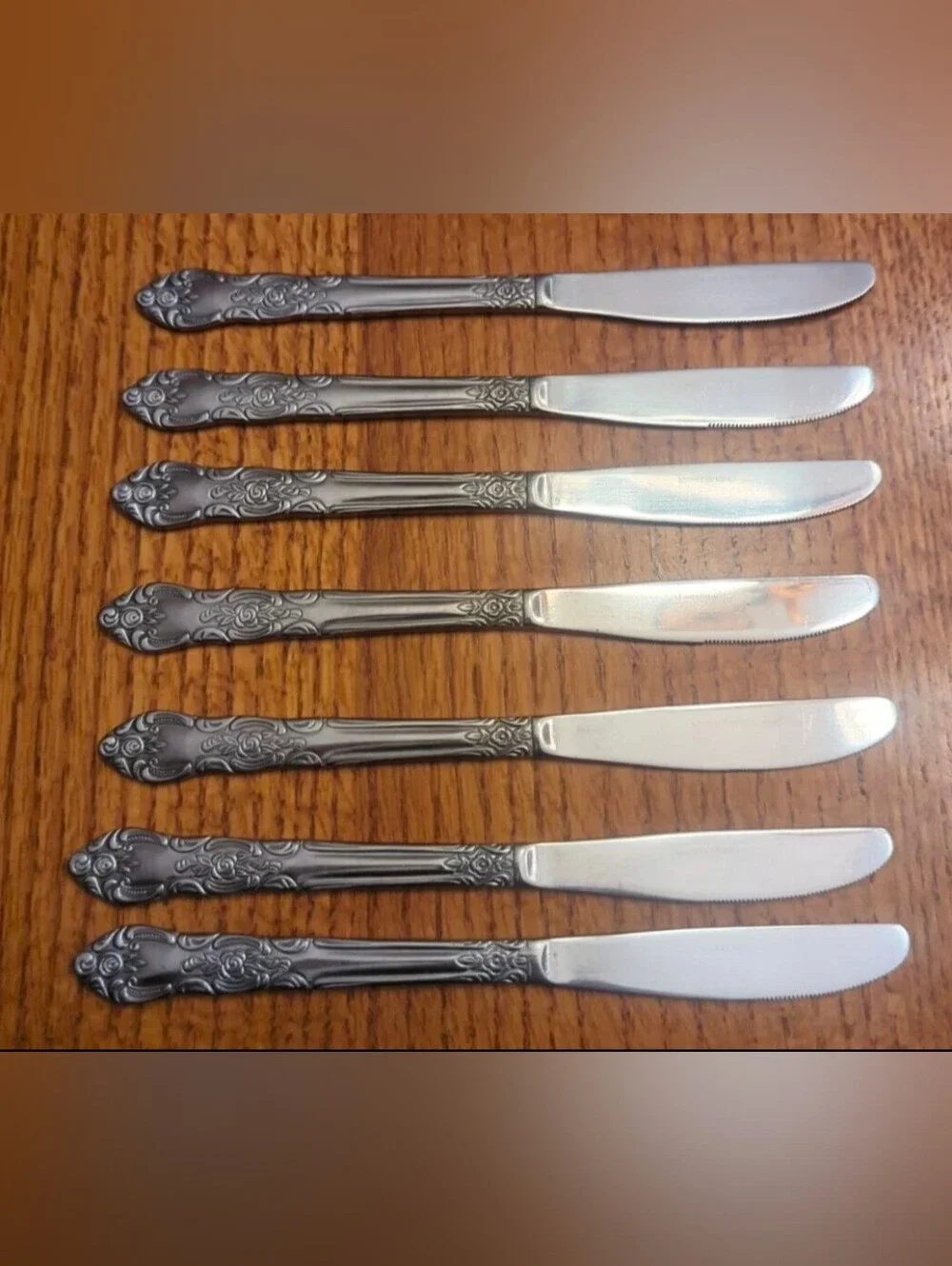 Vintage LUSTREWARE │ Lot of 7 -Korea Stainless Dinner Knives │Rose Design